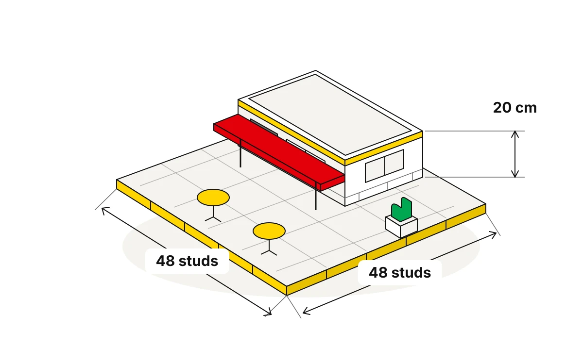 A low brick-built pizzeria model has a square base measuring 48 by 48 studs and a height of 20 centimetres.